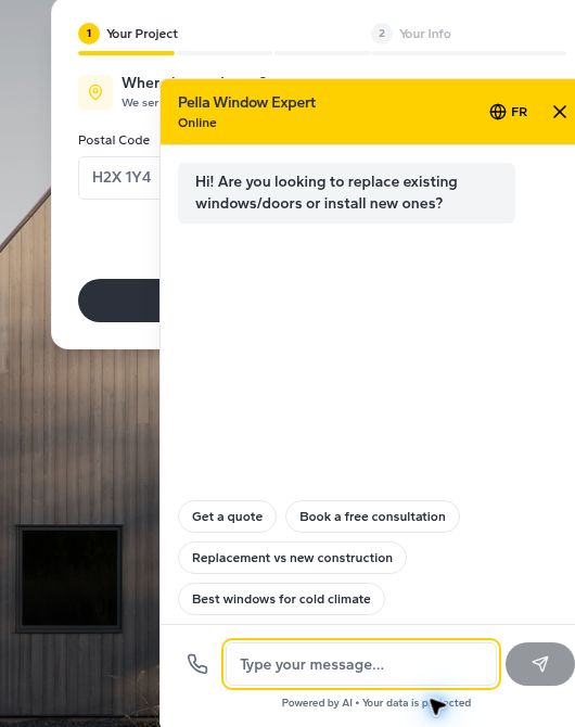 AI chat assistant open on the Pella Montréal website answering a homeowner question